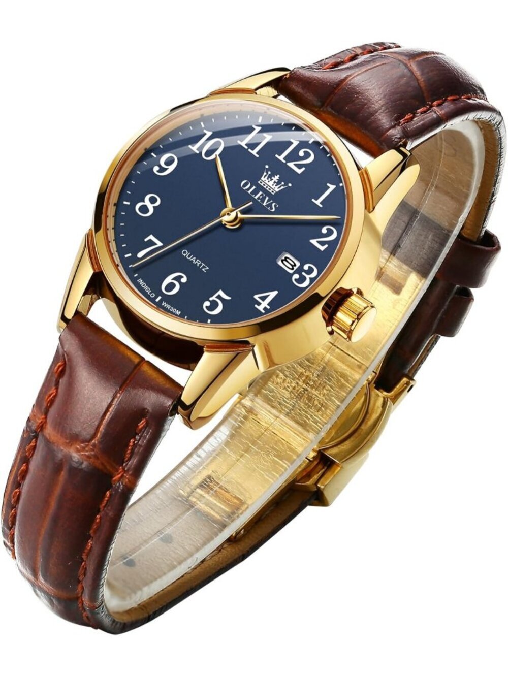 Olevs Women's Blue And Brown Leather Analog Waterproof Reloj Mujer Luxury Watch